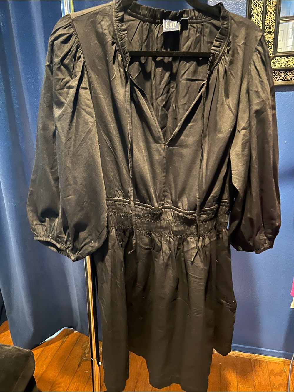GAP Black Long Sleeve Smocked Waist V-Neck Dress